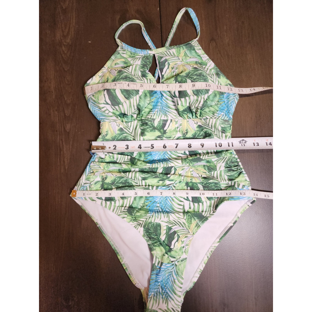 Tahari One piece Swimsuit Bathing Suit Keyhole MEDIUM Tropical Green Leaf Palm - Picture 7 of 16